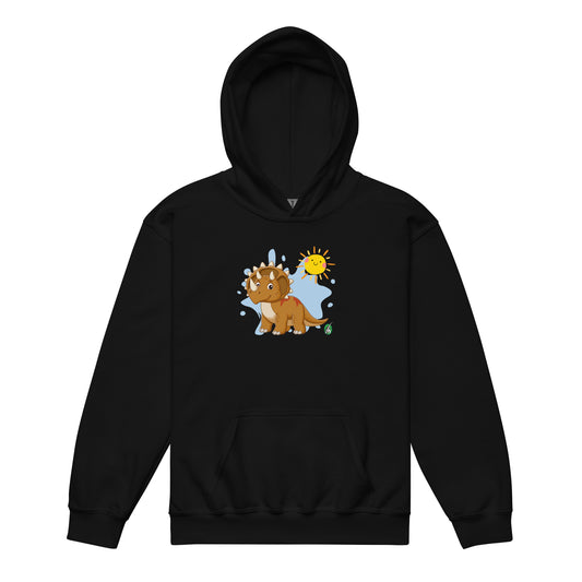 A Wizard Prints kids hoodie in black with a printed graphic on the front of a cartoon dinosaur