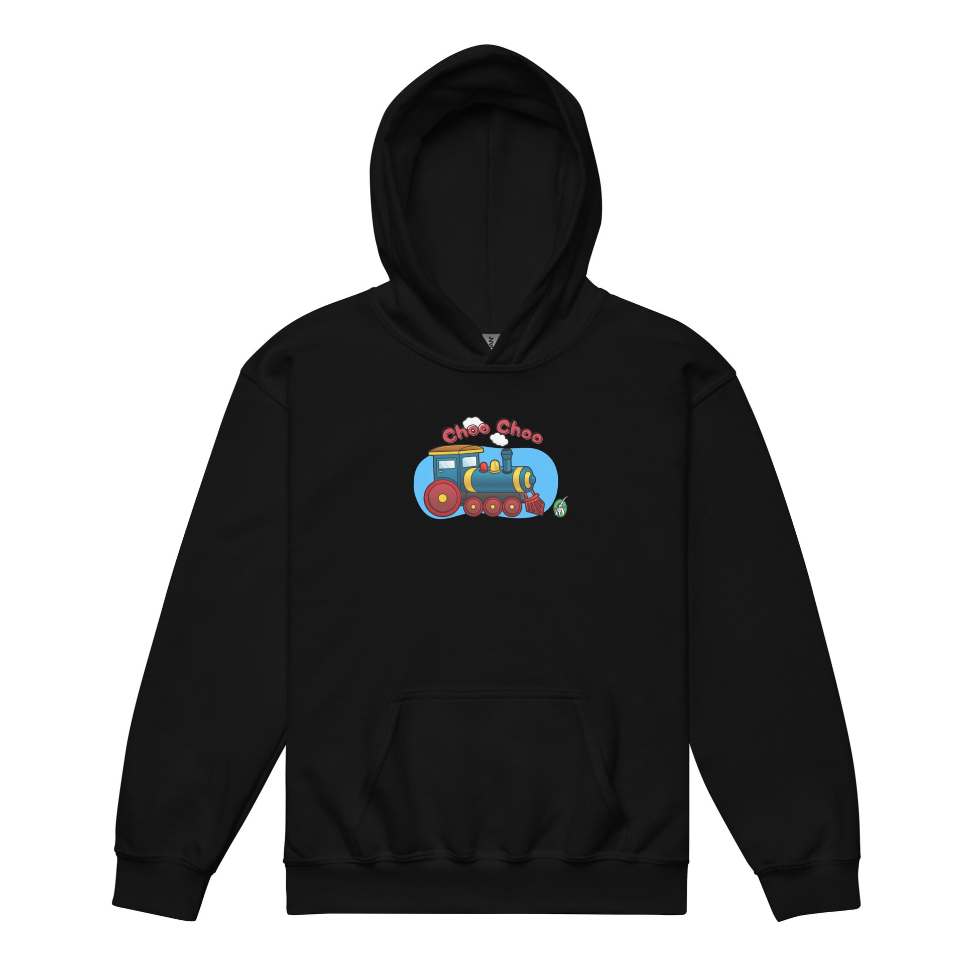 A Wizard Prints kids hoodie in black with a printed graphic on the front of cartoon train with the words, Choo Choo 
