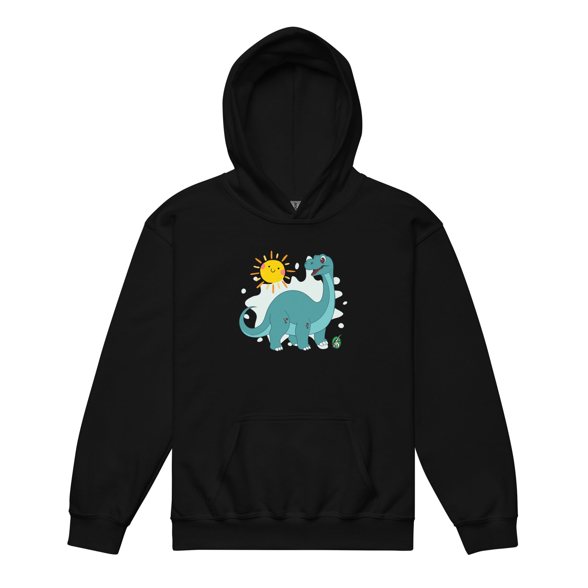 A Wizard Prints kids hoodie in black with a printed graphic on the front of a cartoon dinosaur