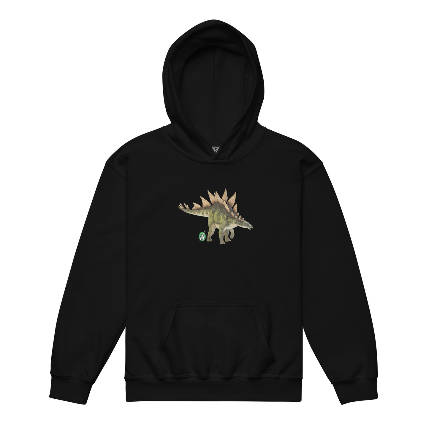 A Wizard Prints kids hoodie in black with a printed graphic on the front of life like dinosaur
