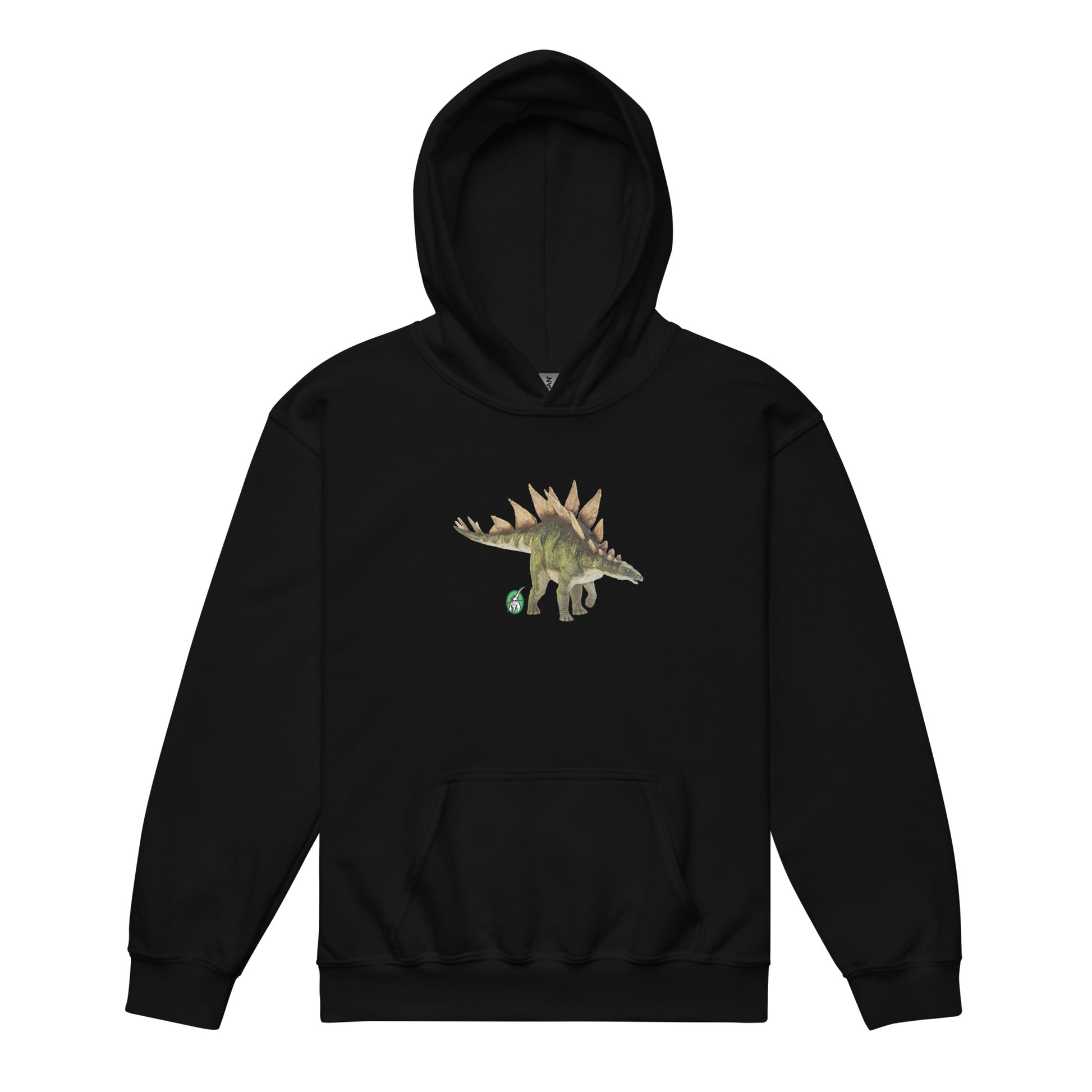 A Wizard Prints kids hoodie in black with a printed graphic on the front of life like dinosaur
