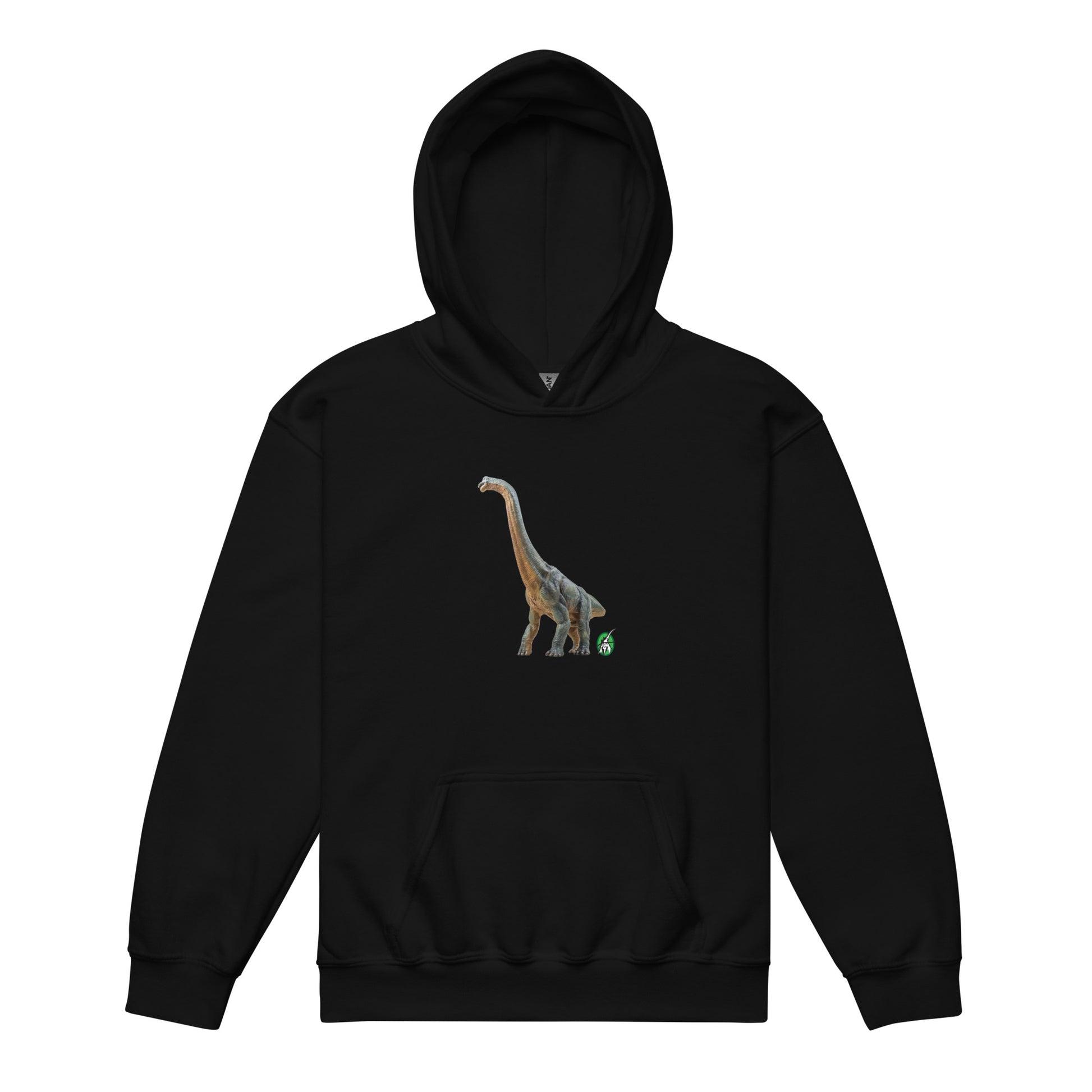 A Wizard Prints kids hoodie in black with a printed graphic on the front of life like dinosaur