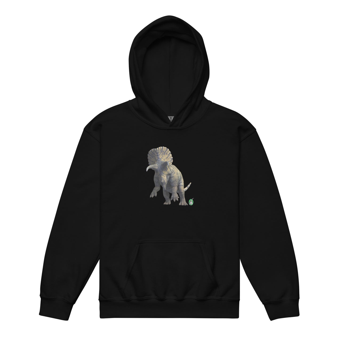 A Wizard Prints kids hoodie in black with a printed graphic on the front of life like dinosaur
