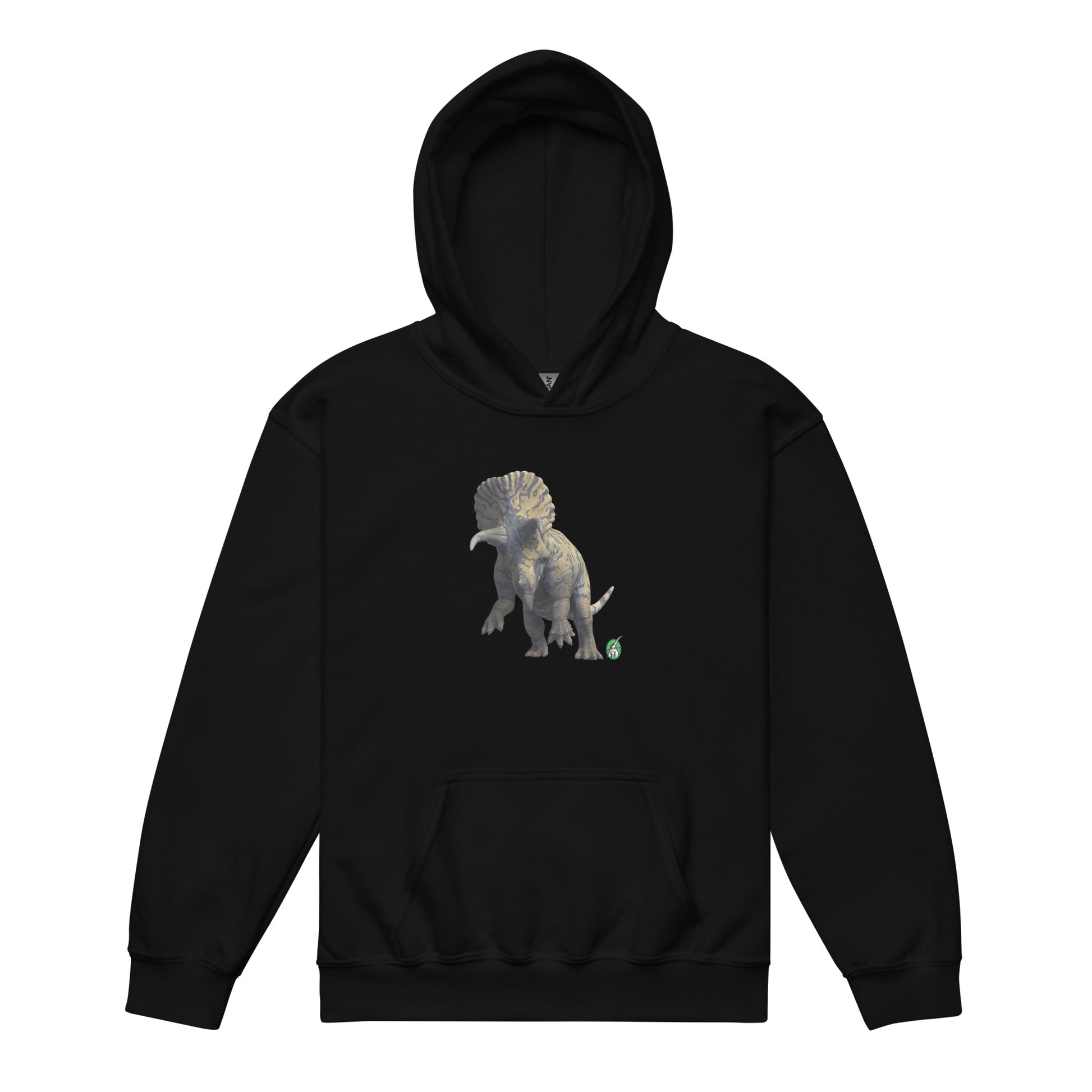 A Wizard Prints kids hoodie in black with a printed graphic on the front of life like dinosaur