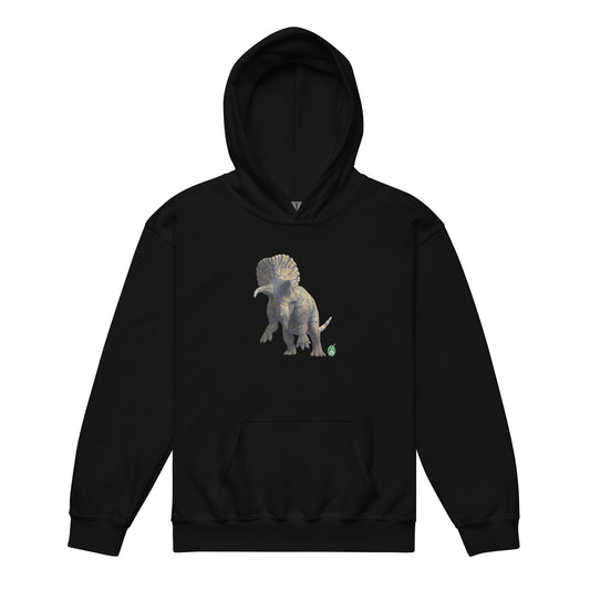 A Wizard Prints kids hoodie in black with a printed graphic on the front of life like dinosaur