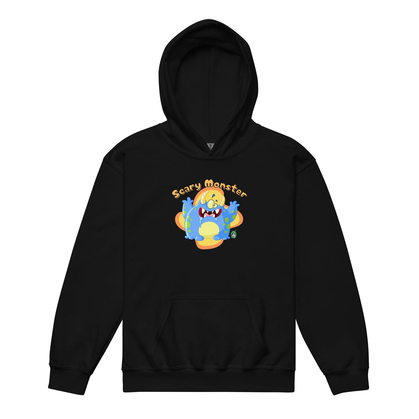 A Wizard Prints kids hoodie in black with a printed graphic on the front of a cartoon monster with the words, Scary Monster