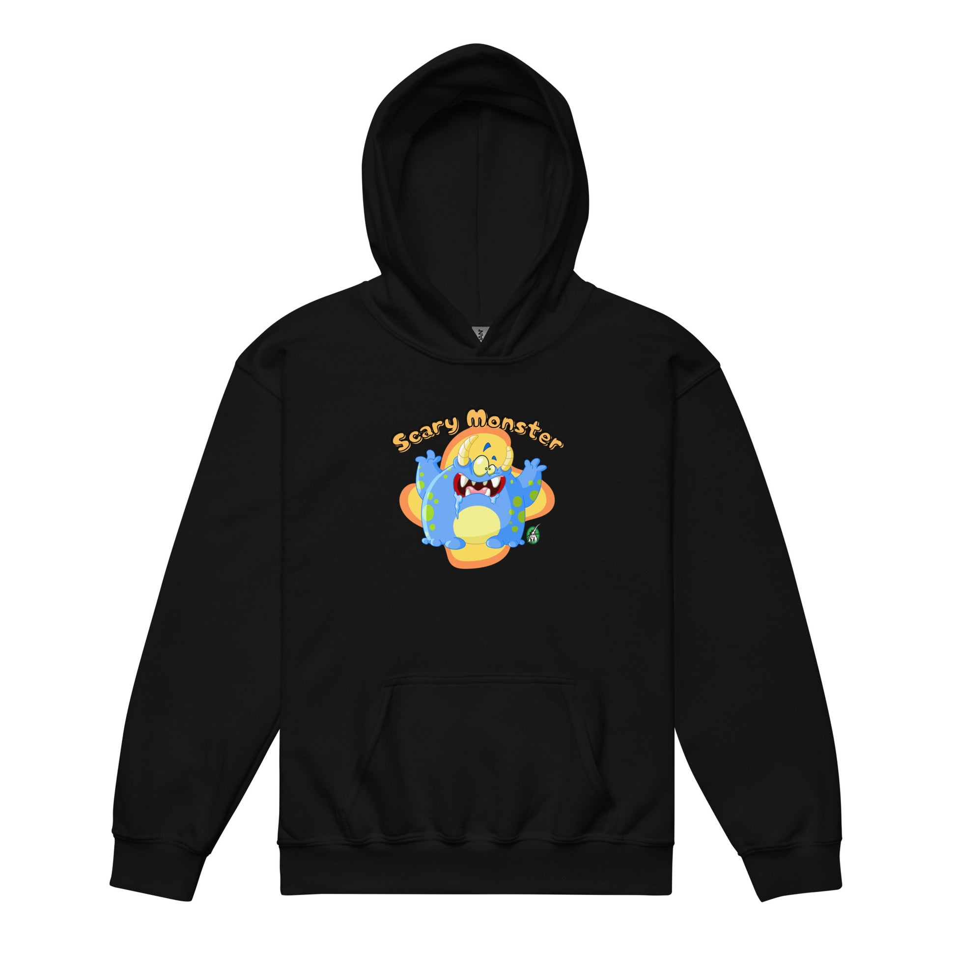 A Wizard Prints kids hoodie in black with a printed graphic on the front of a cartoon monster with the words, Scary Monster
