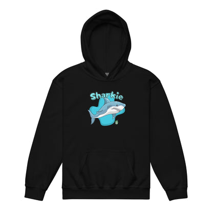 A Wizard Prints kids hoodie in black with a printed graphic on the front of a cartoon shark with the words, Sharkie