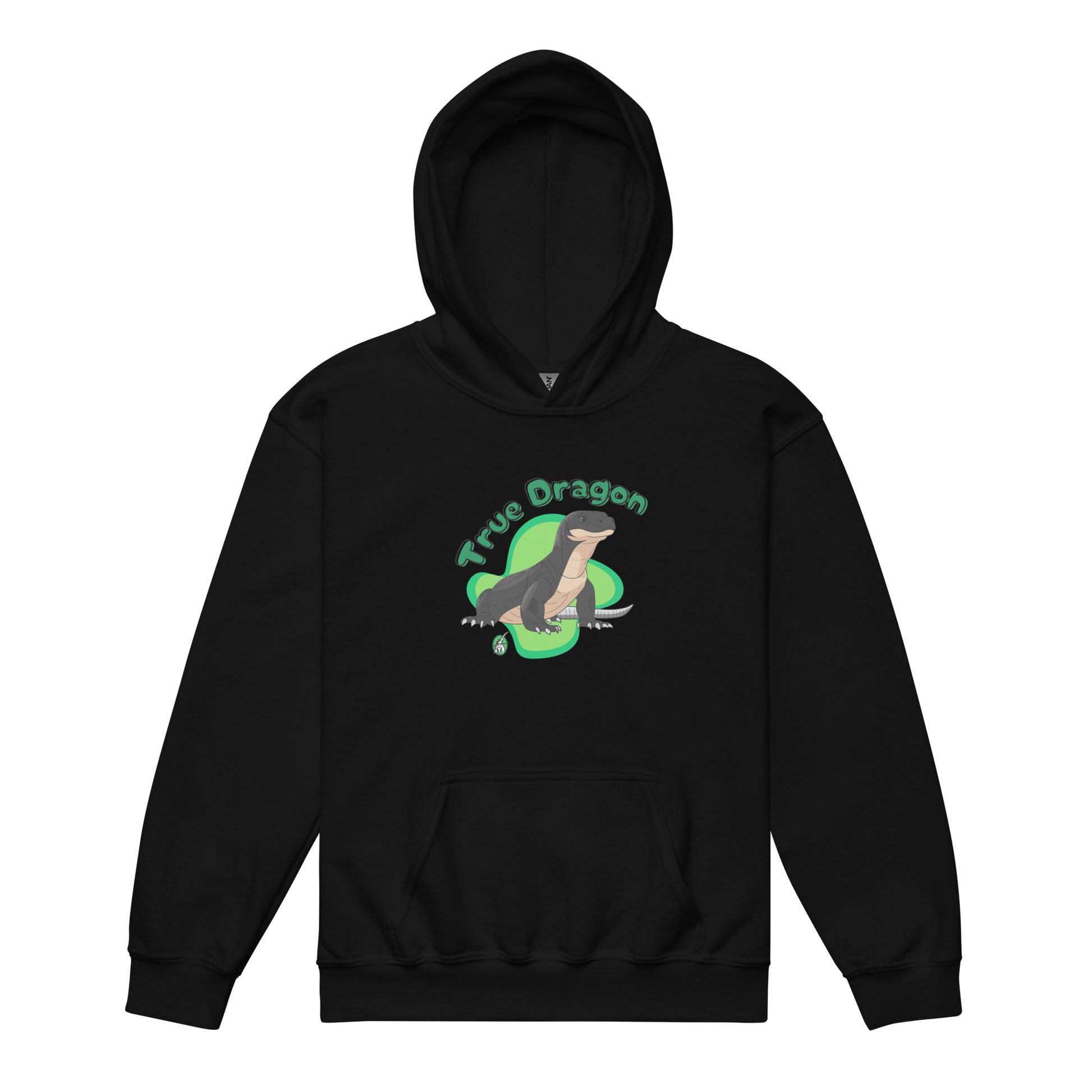		A Wizard Prints kids hoodie in black with a printed graphic on the front of a dragon with the words True Dragon

