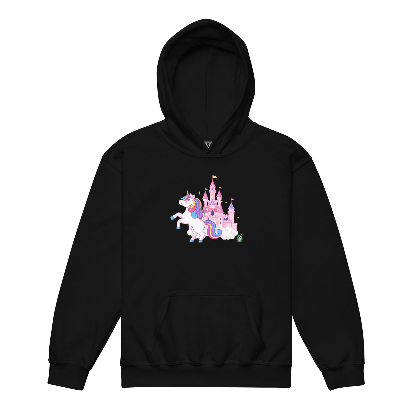 A Wizard Prints kids hoodie in black with a printed graphic on the front of unicorn prancing with a castle in the background
