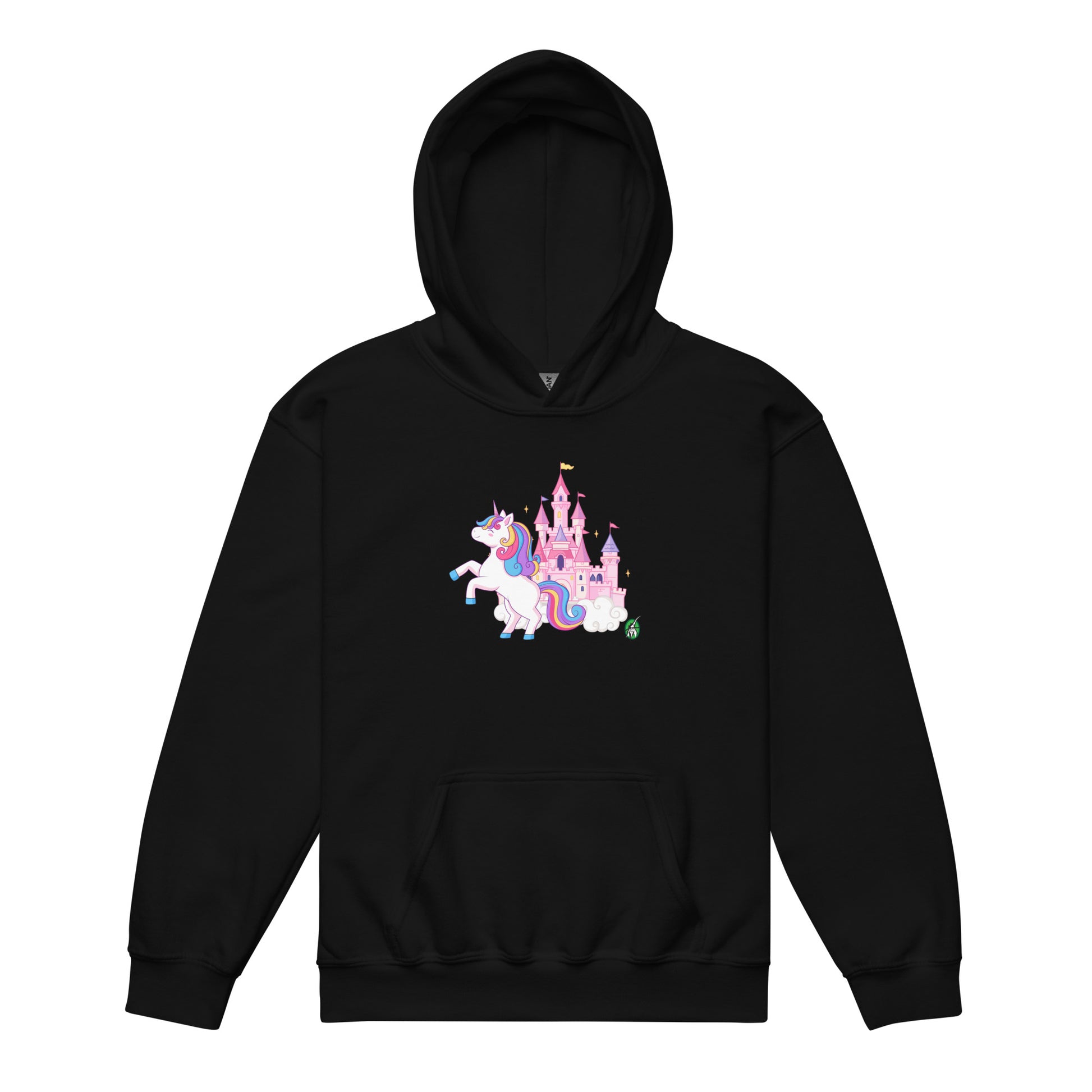 A Wizard Prints kids hoodie in black with a printed graphic on the front of unicorn prancing with a castle in the background
