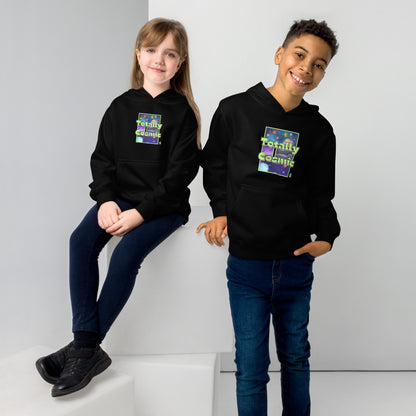 A boy standing and a girl sitting both wearing a black kids hoodie with a graphic of the cosmos and the words Totally Cosmic, by Wizard Prints
