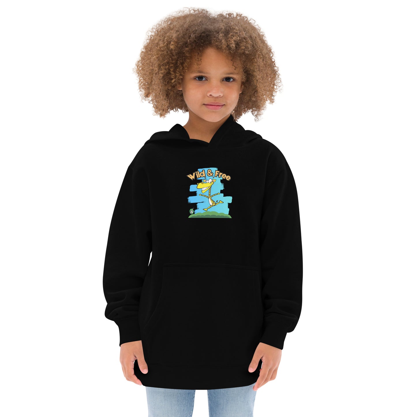 A girl standing wearing a black hoodie with a funny graphic on the front of a giraffe running with the words, 'wild and free'  by Wizard Prints
