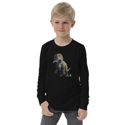 A boy standing and wearing a black long-sleeve T-shirt featuring a printed graphic of a life like Triceratops, by Wizard Prints.
