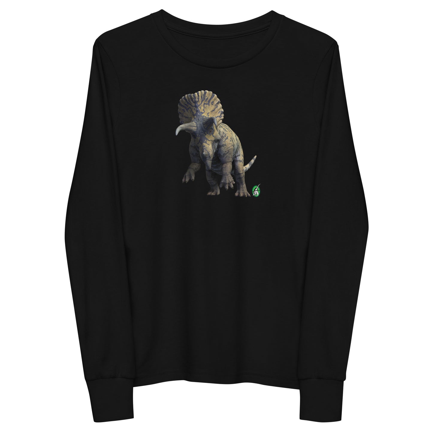 Kids' black long-sleeve T-shirt featuring a printed graphic of a life like Triceratops, by Wizard Prints.