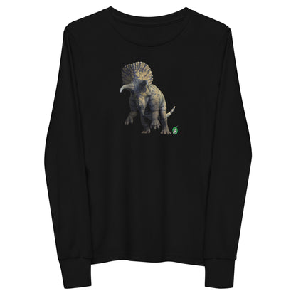 Kids' black long-sleeve T-shirt featuring a printed graphic of a life like Triceratops, by Wizard Prints.