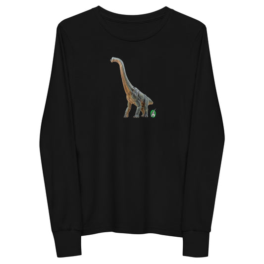 Kids' black long-sleeve T-shirt featuring a printed graphic of life like Brachiosaurus, by Wizard Prints.