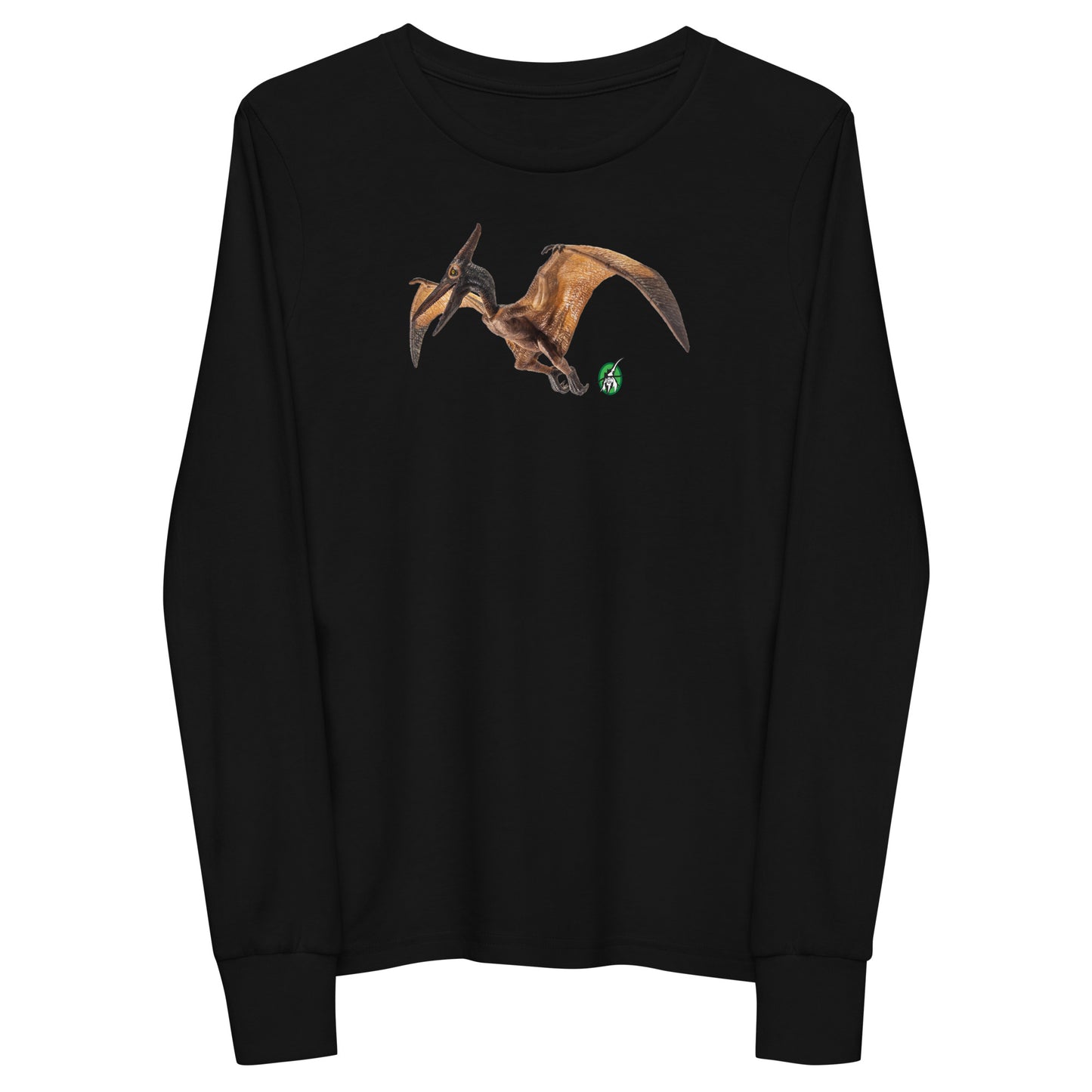 Kids' black long-sleeve T-shirt featuring a printed graphic of a Pterodactyl, by Wizard Prints.