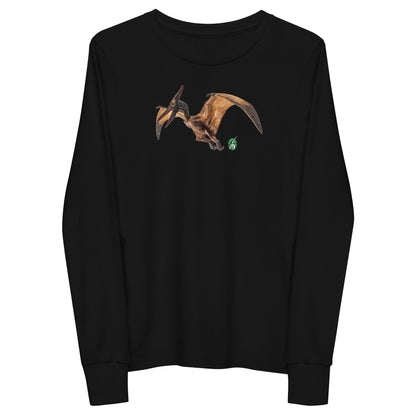 Kids' black long-sleeve T-shirt featuring a printed graphic of a Pterodactyl, by Wizard Prints.