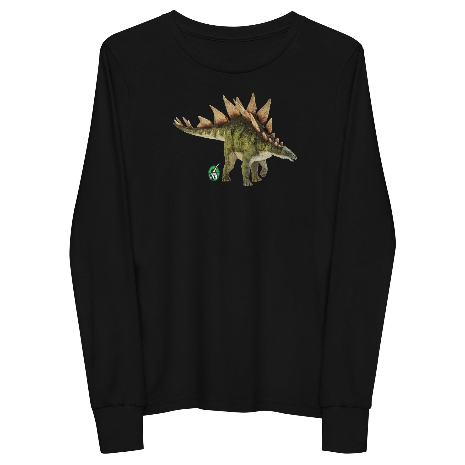 Kids' black long-sleeve T-shirt featuring a printed graphic of life like Stegosaurus, by Wizard Prints.