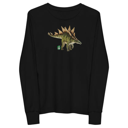 Kids' black long-sleeve T-shirt featuring a printed graphic of life like Stegosaurus, by Wizard Prints.