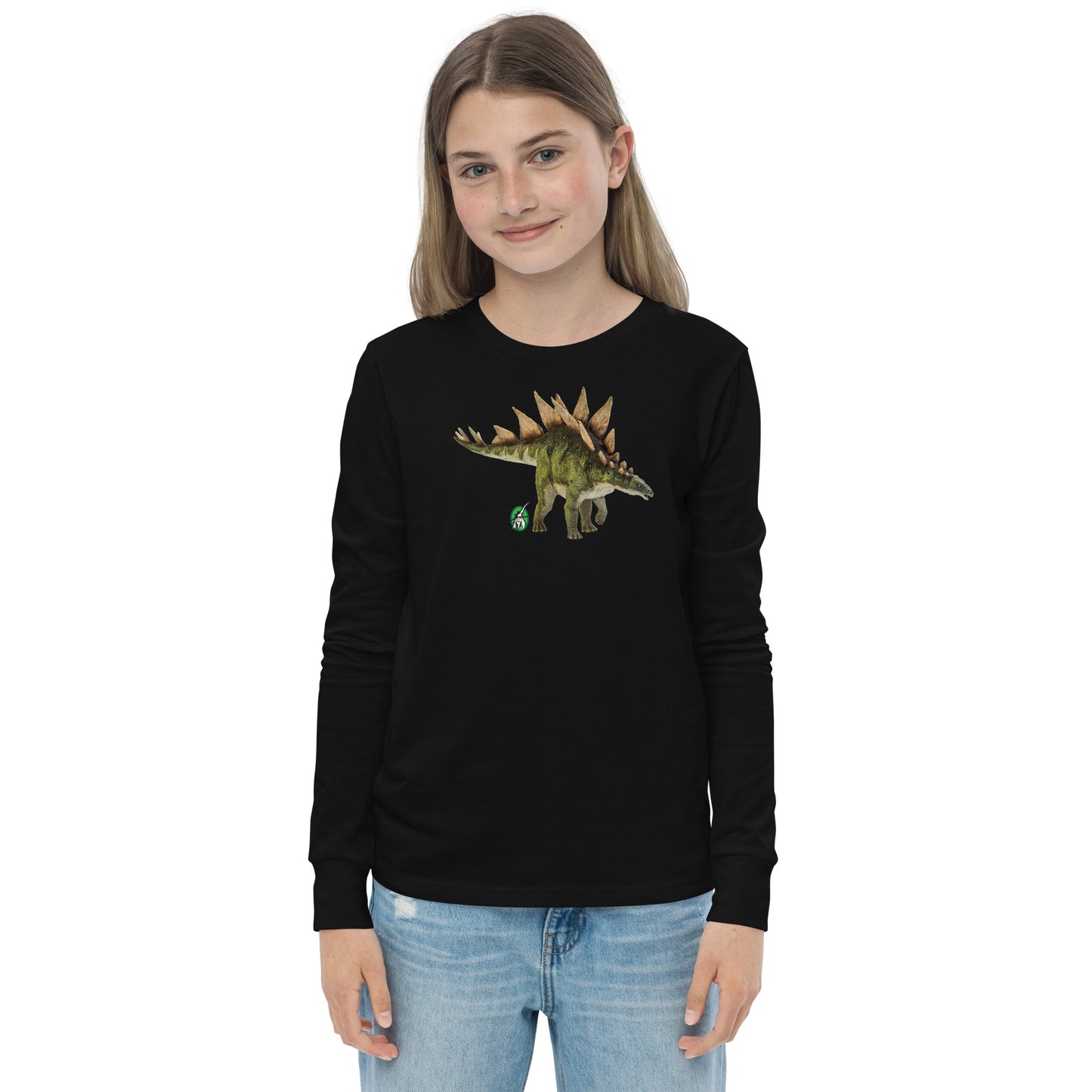 A girl standing and wearing a black long-sleeve T-shirt featuring a printed graphic of life like Stegosaurus, by Wizard Prints.