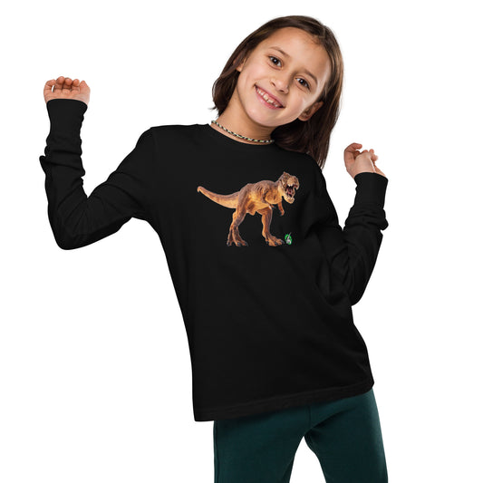 A girl standing and wearing a black long-sleeve T-shirt featuring a printed graphic of a life like T-rex, by Wizard Prints.