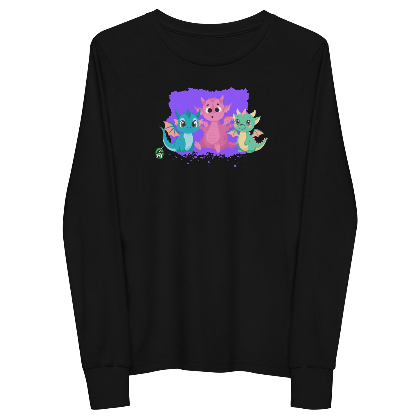 Kids' black long-sleeve T-shirt featuring a printed graphic of colorful dragons, by Wizard Prints.