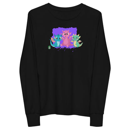 Kids' black long-sleeve T-shirt featuring a printed graphic of colorful dragons, by Wizard Prints.