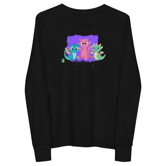 Kids' black long-sleeve T-shirt featuring a printed graphic of colorful dragons, by Wizard Prints.