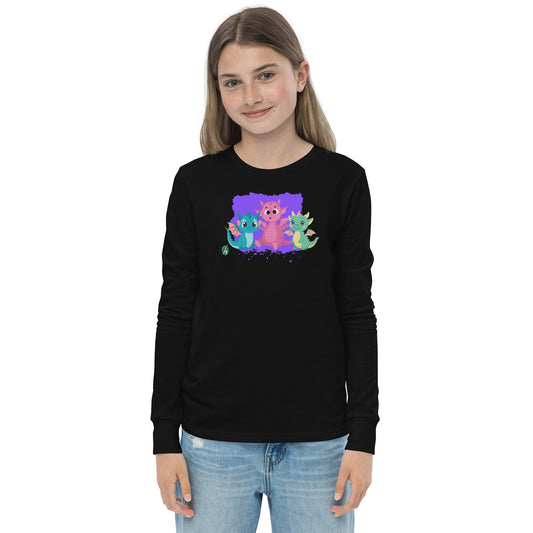 A girl standing and wearing a black long-sleeve T-shirt featuring a printed graphic of colorful dragons, by Wizard Prints.