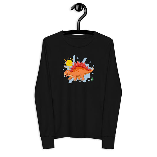 Kids' black long sleeve t-shirt with a printed graphic of an orange dinosaur and the sun, by Wizard Prints.