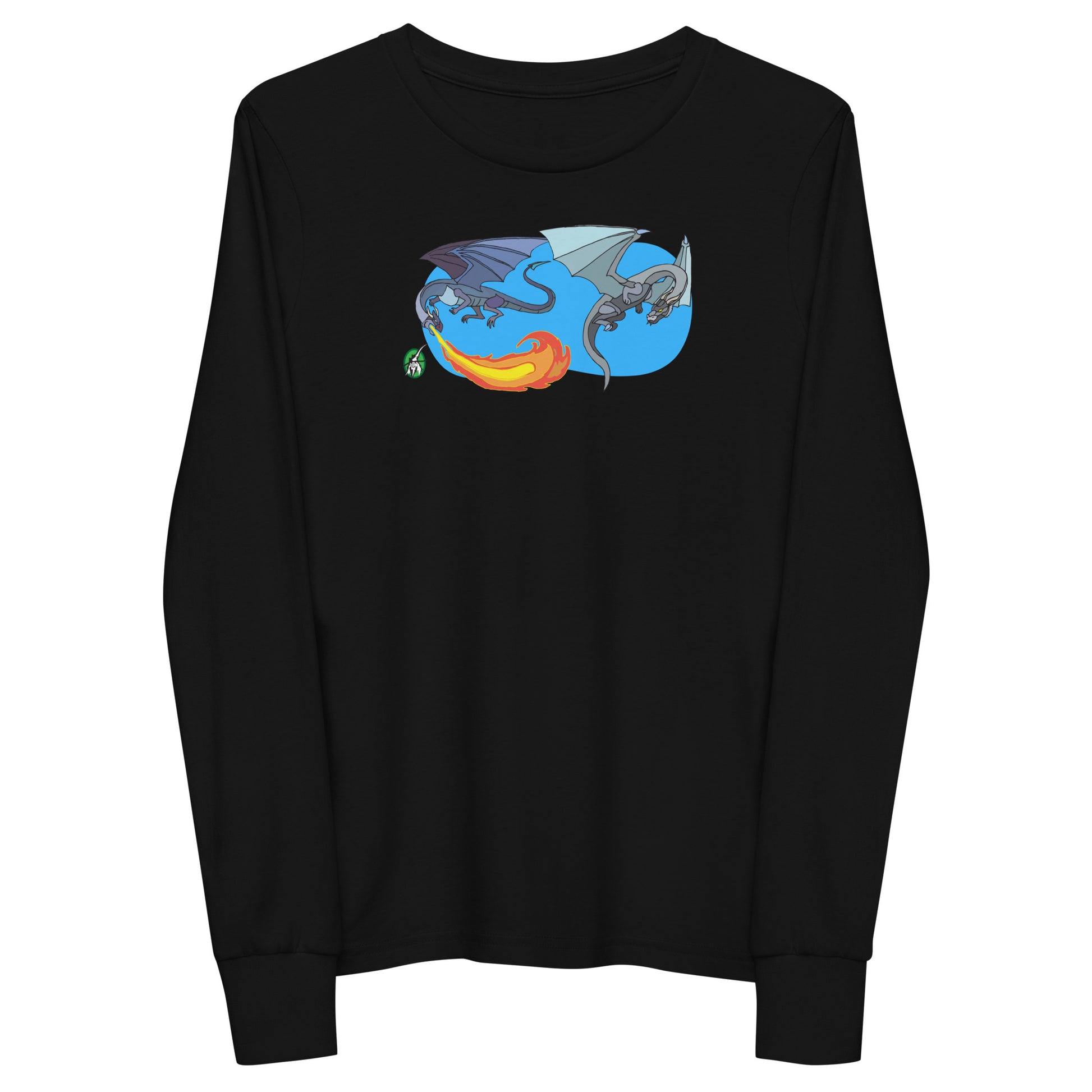 Kids' black long-sleeve T-shirt featuring a printed graphic of two flying fiery dragons, by Wizard Prints.