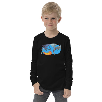 A boy standing and wearing a black long-sleeve T-shirt featuring a printed graphic of two flying fiery dragons, by Wizard Prints.