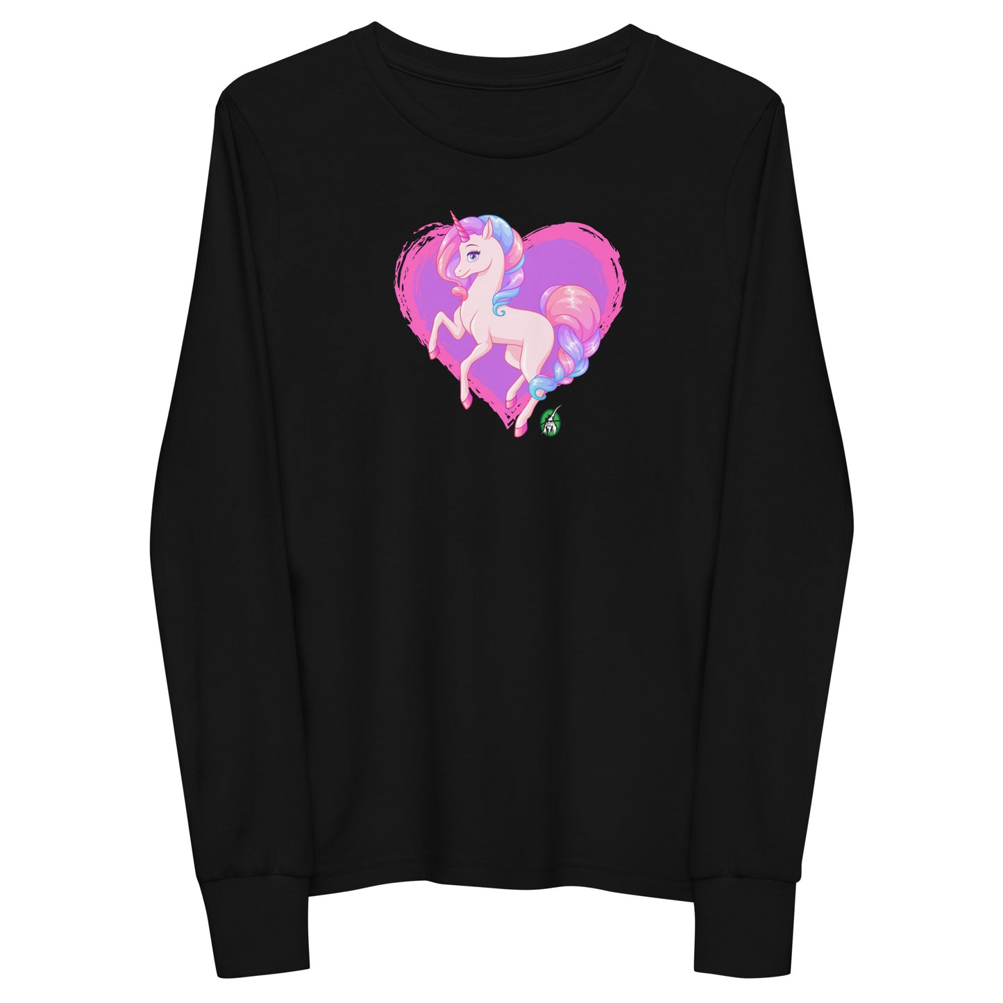 Kids' black long-sleeve T-shirt featuring a printed graphic of a pink unicorn on a purple heart background, by Wizard Prints.