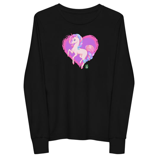 Kids' black long-sleeve T-shirt featuring a printed graphic of a pink unicorn on a purple heart background, by Wizard Prints.