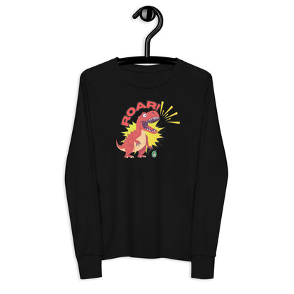Kids' black long sleeve t-shirt with a printed graphic of a red roaring dinosaur and the word "Roar!", by Wizard Prints.