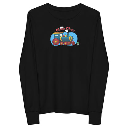 Kids' black long-sleeve T-shirt featuring a printed graphic of a train and the words "Choo Choo", by Wizard Prints.