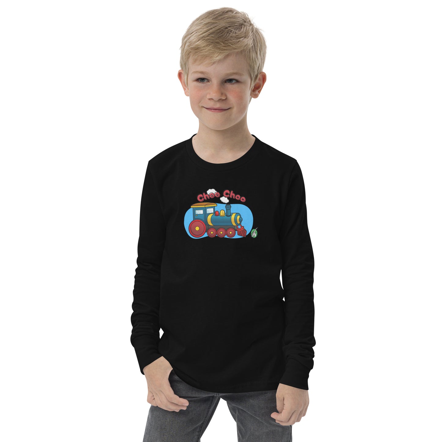 A boy standing and wearing a black long-sleeve T-shirt featuring a printed graphic of a train and the words "Choo Choo", by Wizard Prints.