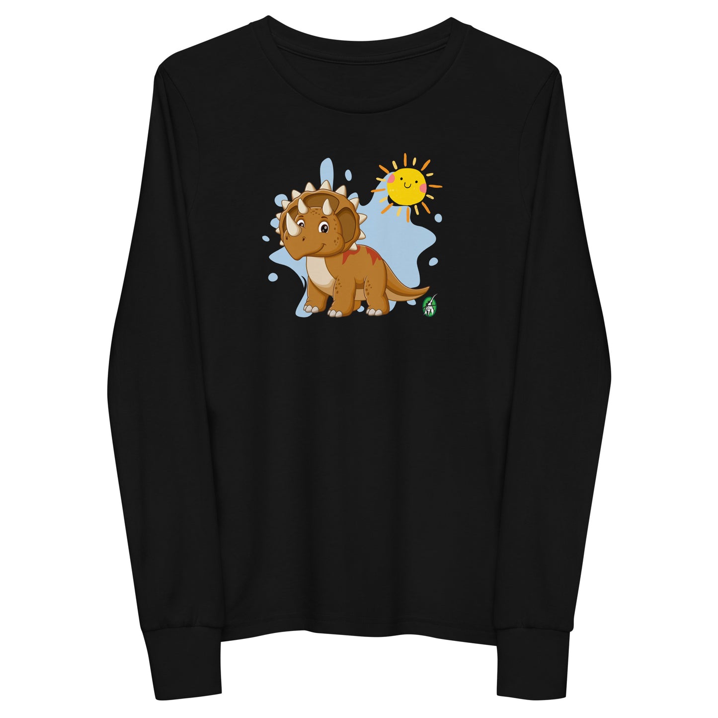 Kids' black long sleeve t-shirt with a printed graphic of a triceratops dinosaur and the sun, by Wizard Prints.
