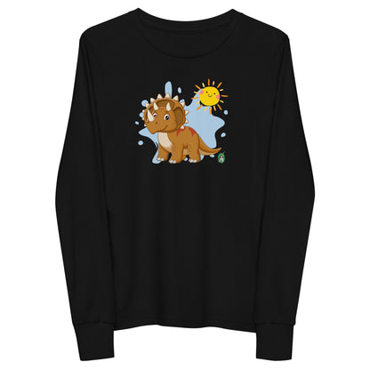 Kids' black long sleeve t-shirt with a printed graphic of a triceratops dinosaur and the sun, by Wizard Prints.