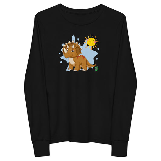 Kids' black long sleeve t-shirt with a printed graphic of a triceratops dinosaur and the sun, by Wizard Prints.