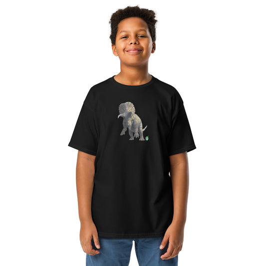 A boy standing wearing a Wizard Prints kids t-shirt in black colour with a printed graphic on the front of a dinosaur 