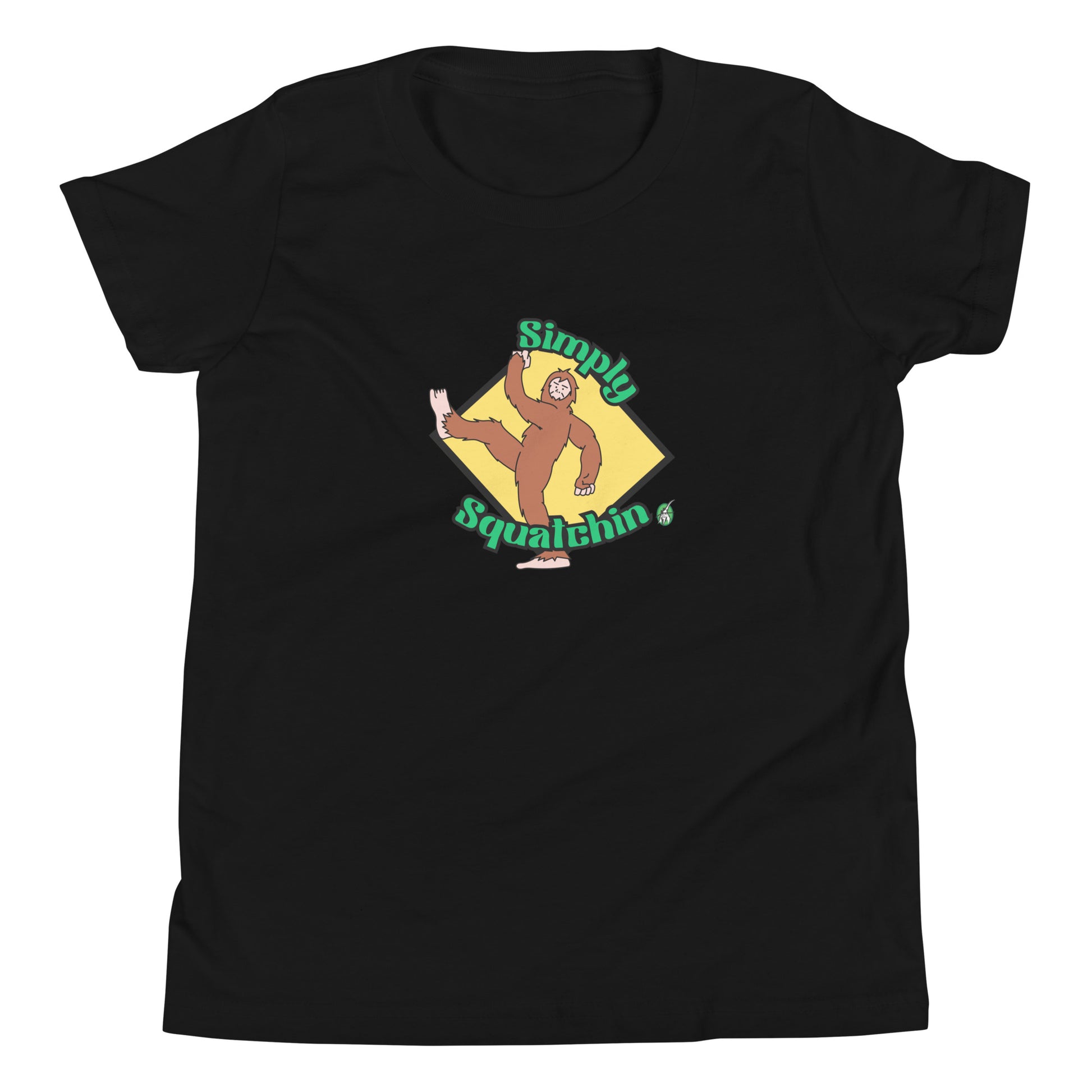 Kids' black graphic t-shirt with a brown sasquatch and the statement, Simply Squatchin on a yellow background, by Wizard Prints