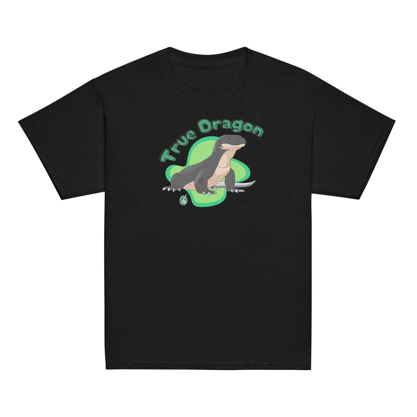 Kids' black t-shirt featuring a printed graphic of a komodo dragon and the words, True Dragon. Designed by Wizard Prints.