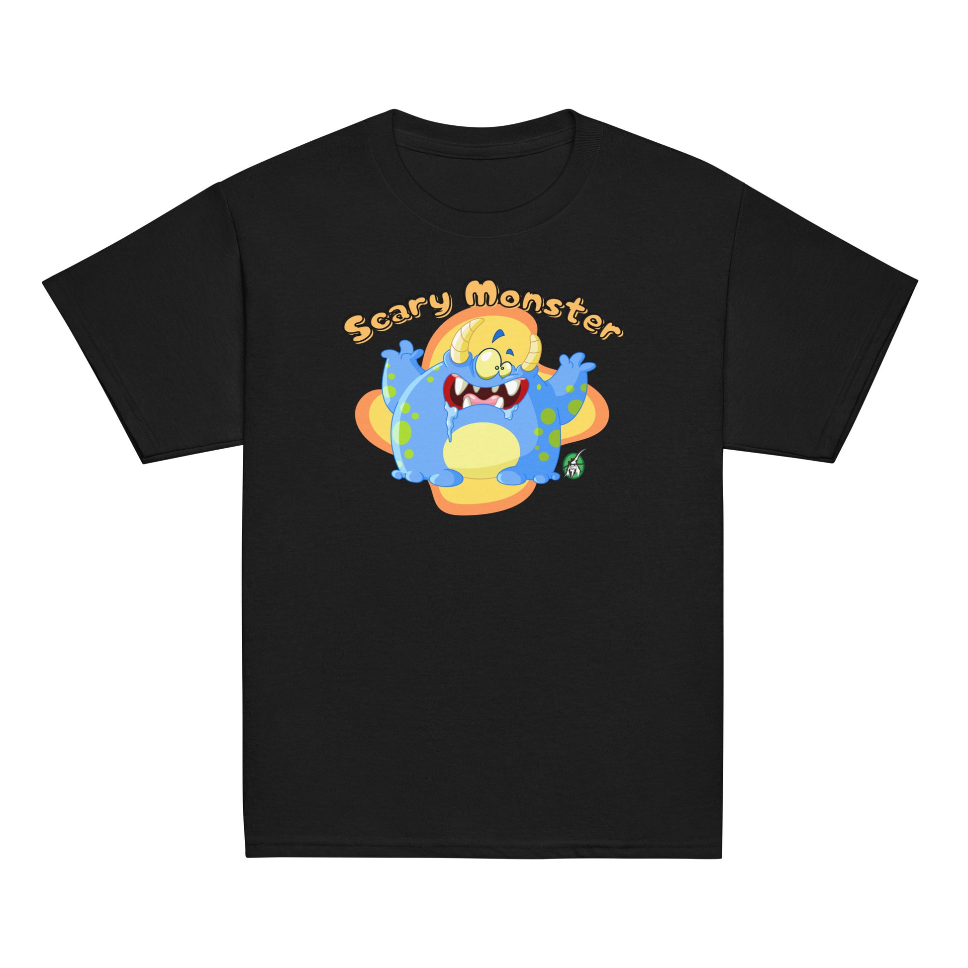 Kids' black t-shirt featuring a printed graphic of a cartoon monster and the words, 'Scary Monster', by Wizard Prints.
