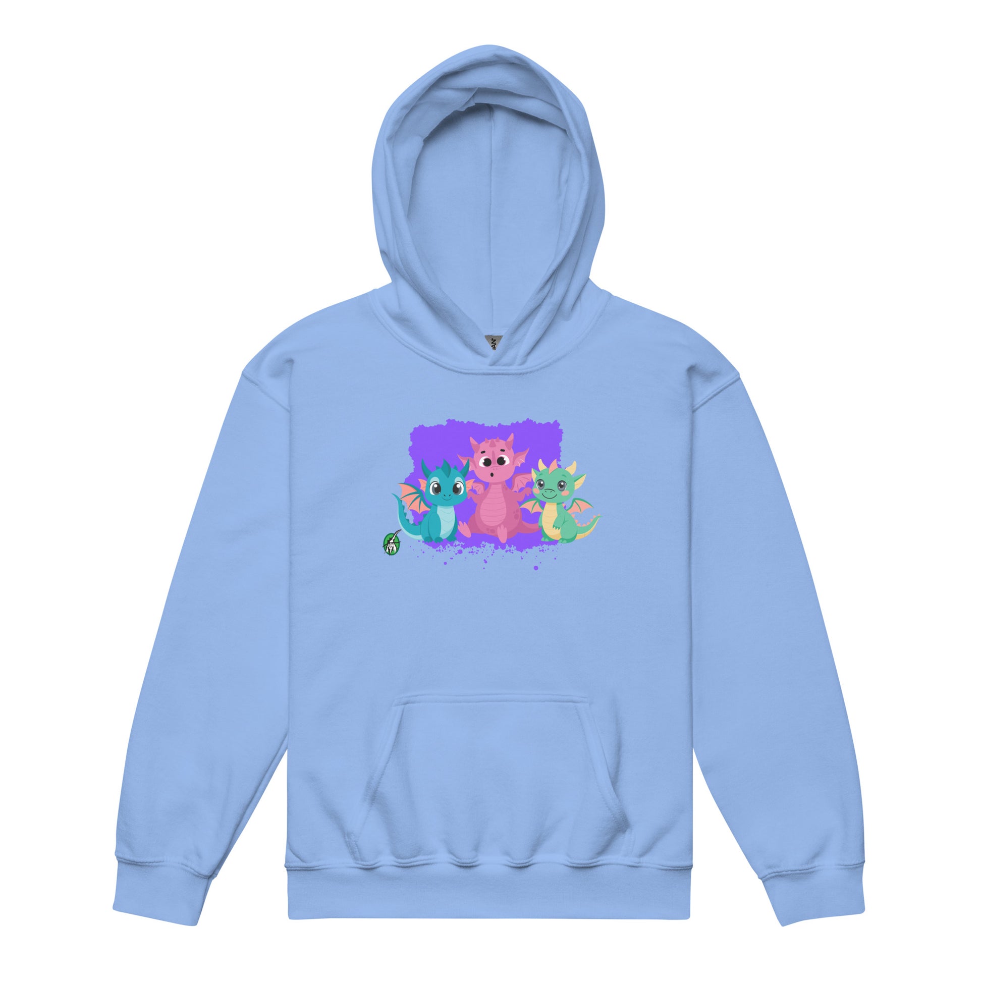 A Wizard Prints kids hoodie in blue with a printed graphic on the front of three baby cartoon dragons