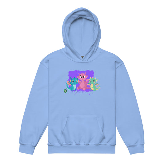 A Wizard Prints kids hoodie in blue with a printed graphic on the front of three baby cartoon dragons