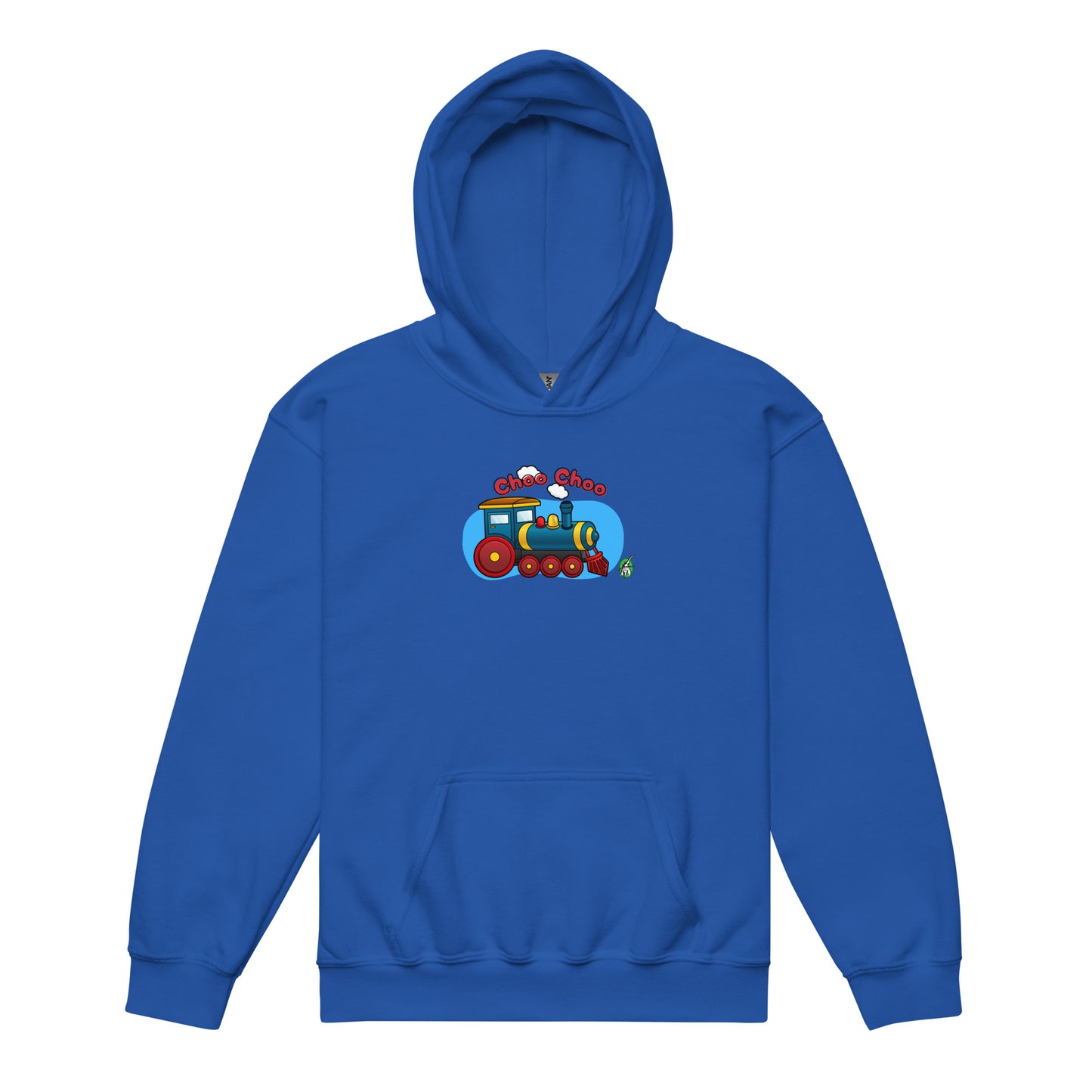 A Wizard Prints kids hoodie in blue with a printed graphic on the front of cartoon train with the words, Choo Choo 