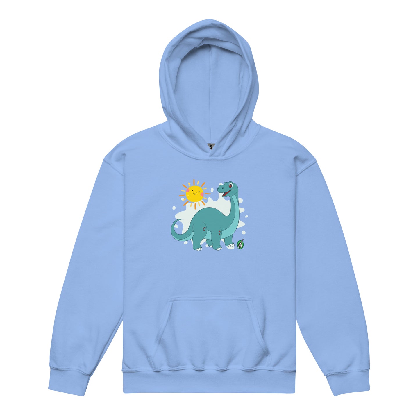 A Wizard Prints kids hoodie in blue with a printed graphic on the front of a cartoon dinosaur